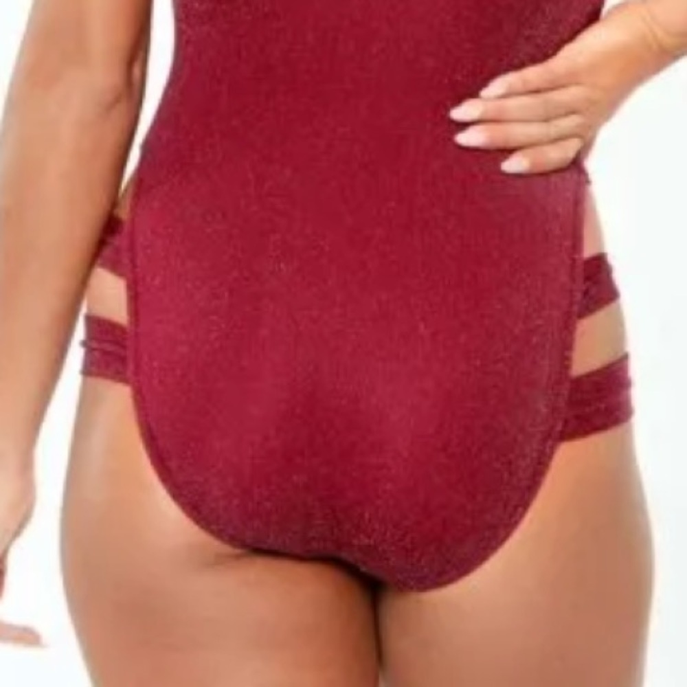 Bar III BLACKBERRY Shimmer Strappy-Leg One-Piece Swimsuit - Picture 7 of 11